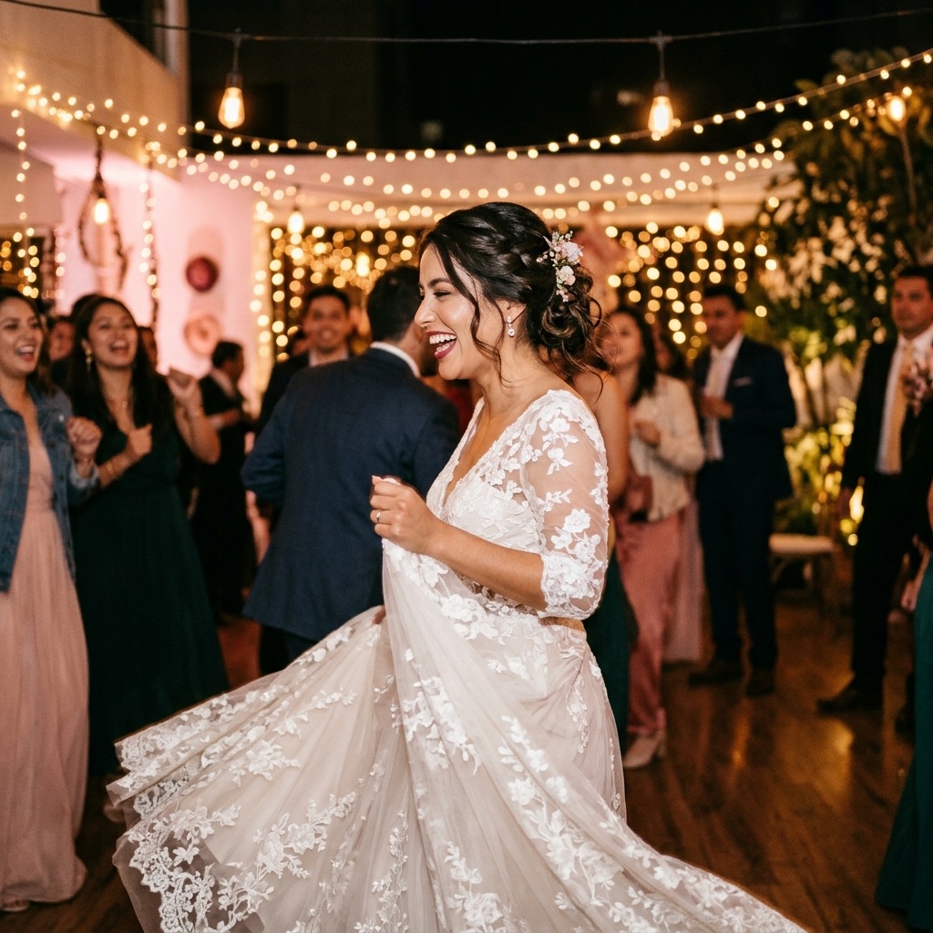 Novia bailando de noche en la fiesta con el maquillaje intacto