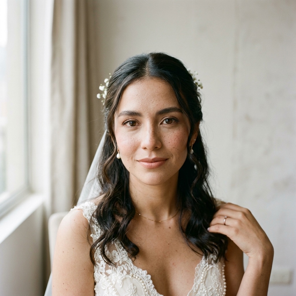 Primer plano de una novia con maquillaje natural, se ven las pecas y la textura de la piel