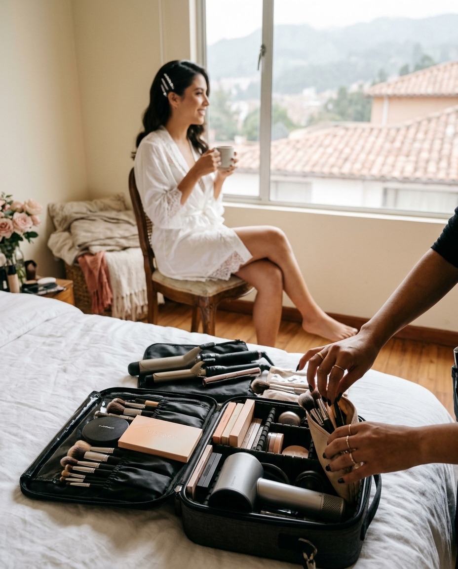 Maletín de maquillaje abierto sobre la cama y la novia en bata tomando café junto a la ventana