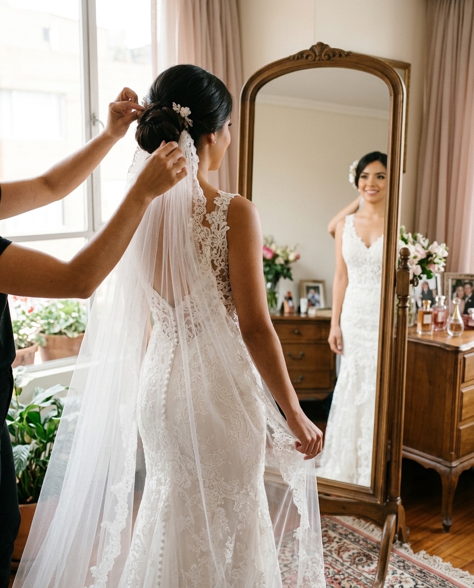 Novia de pie con el vestido puesto frente al espejo mientras le fijan el velo